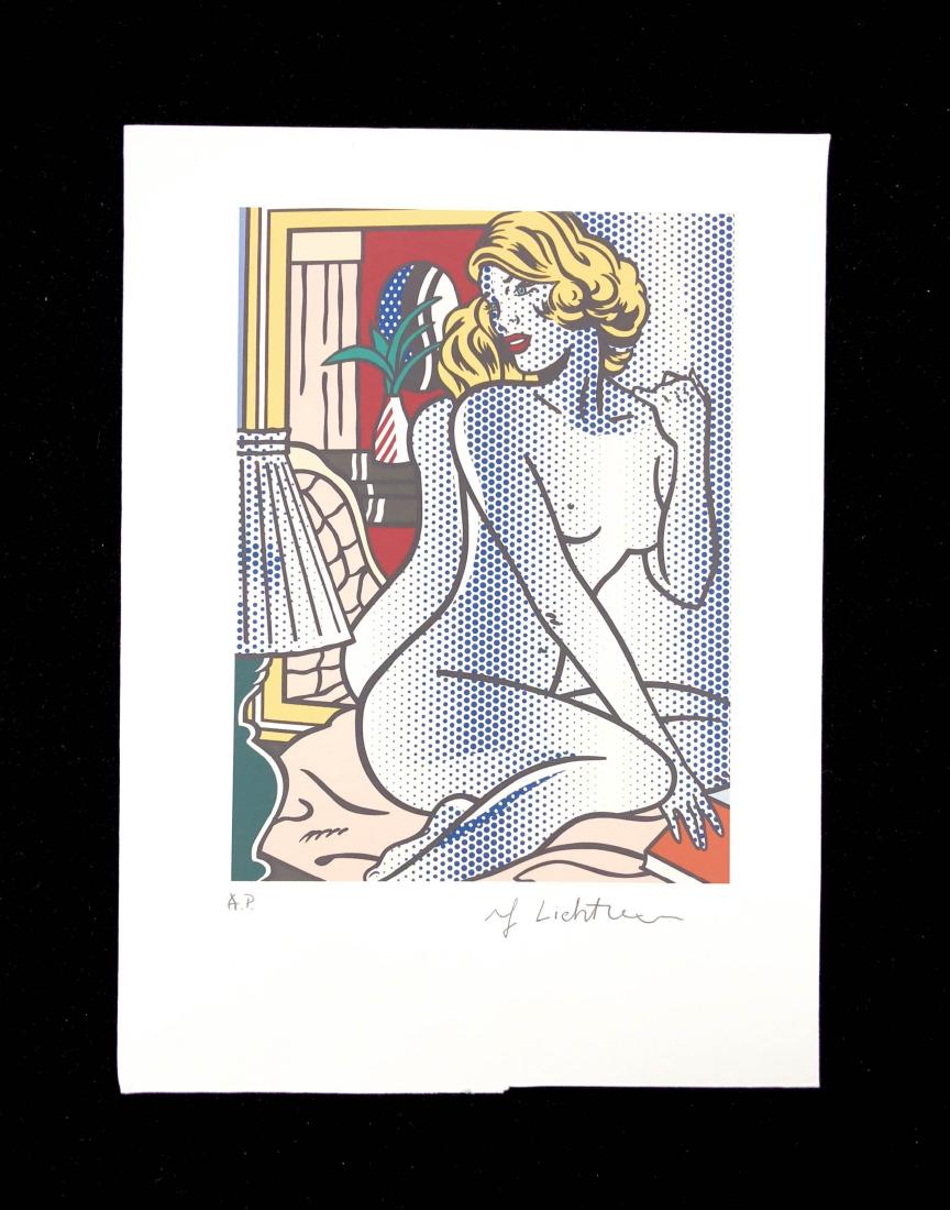 Roy Lichtenstein (American, 1923-1997) -- Hand Signed: This lot consists of a Fine Art Print on paper, HAND SIGNED "Roy Lichtenstein" and Hand Labeled "A.P." (Artist Proof). Image depicts an interior scene with a nude female figure, book in hand, kneeling