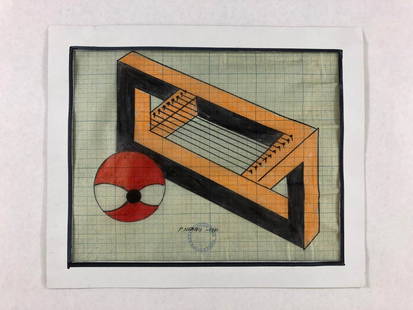 Paul Neagu (British-Romanian, 1938-2004) -- Hand Signed: This lot consists of a hand-drawn mixed media (ink and watercolor) on translucent grid paper, signed "P. Neagu" at bottom. Image depicts an abstraction of some sort of string instrument (could be a zi