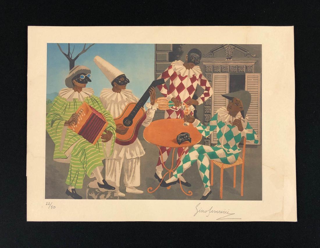 Gino Severini (Italian, 1883-1966) -- Hand Signed and: This lot consists of an original fine art print on paper, hand-signed "Gino Severini" and numbered '22/50'. Image depicts four masked figures in fancy costume, some playing musical instruments, some e