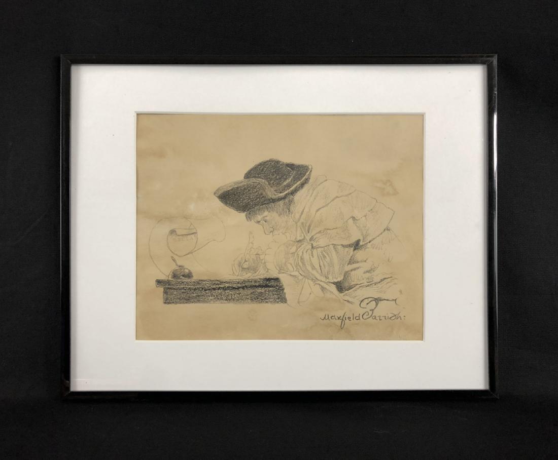 Maxfield Parrish (American, 1870-1966) -- Hand Drawn: This lot consists of a HAND DRAWN graphite illustration on paper, Hand Signed "Maxfield Parrish" at lower right corner. Image depicts an 18th-century character leaning over a scrolling piece of parchm