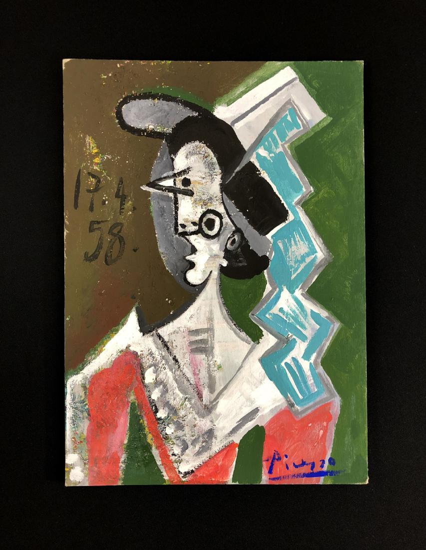 Pablo Picasso (Spanish, 1881 -1973) -- Hand Painted Oil: This lot consists of a HAND PAINTED oil on canvas board, Hand Signed "Picasso" in electric blue paint. Dated "17.4.58". Image depicts a captivating Cubist interpretation of a woman with black hair. He