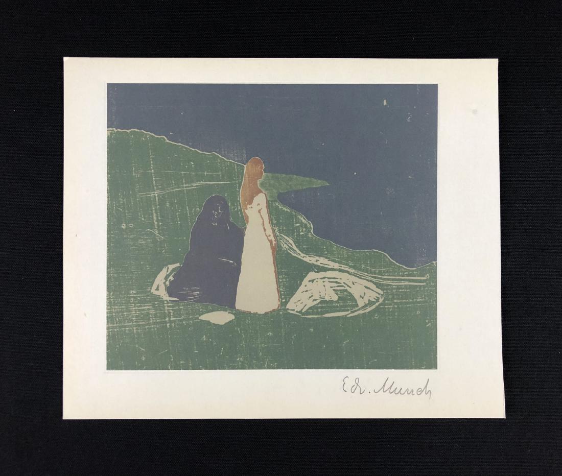 Edvard Munch (Norwegian, 1863-1944) -- Hand Signed Fine: This lot consists of a fine art print on paper, Hand Signed "Edv. Munch" at lower right. Image depicts two feminine figures on a shoreline; one is in white, one in black. The eye is immediately drawn