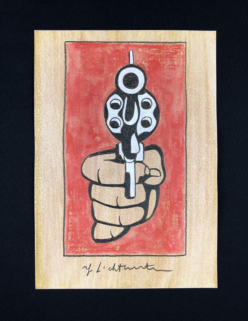Roy Lichtenstein (American, 1923-1997) -- Hand Drawn: This lot consists of a hand-drawn mixed media (pastel and gouache) illustration on paper, hand signed "Roy Lichtenstein" at bottom. Image depicts a hand suspended against a background of bright red, a