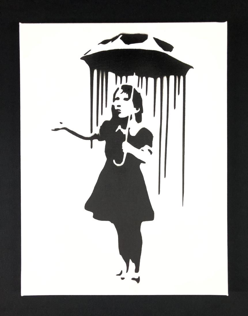 Banksy (British, 1974-) -- Hand Stenciled Aerosol: This lot consists of a hand-stenciled aerosol painting on canvas. Done in the contemporary graffiti style of the enigmatic street artist, Banksy (British, 1974-). An interpretation of Banksy's 2008 im