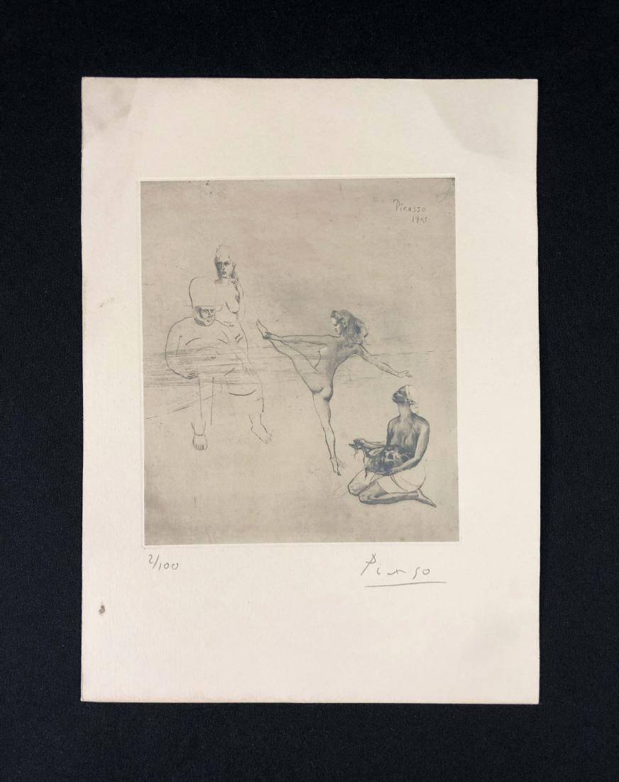 Pablo Picasso (Spanish, 1881-1973) -- Hand Signed Fine: This lot consists of a fine art print on paper, hand signed "Picasso" and numbered "2/100" in graphite at bottom of composition. Image depicts a nude woman leaping toward a fat, seated man wearing the