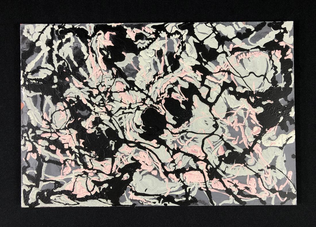Jackson Pollock (American, 1912-1956) -- Hand Painted: This lot consists of an hand painted acrylic drip painting on board, hand signed "Pollock" en verso. Large pools of grey are juxtaposed by meandering black rivers and small inlets of rose pink. Done i