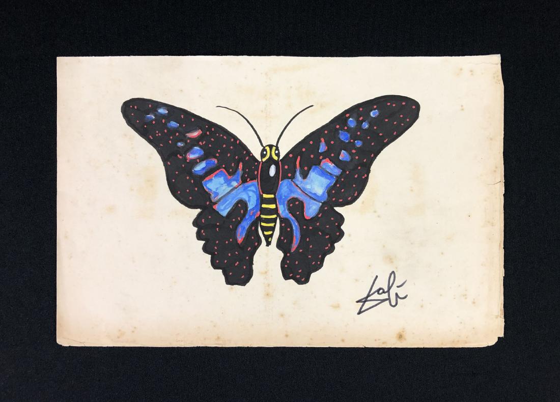 Salvador Dali (Spanish, 1904-1989) -- Hand Drawn Mixed: This lot consists of a hand painted mixed media (ink and gouache) on sheet music paper, hand signed "Dali" at bottom right of composition. The butterfly depicted in this picture is covered in lovely d