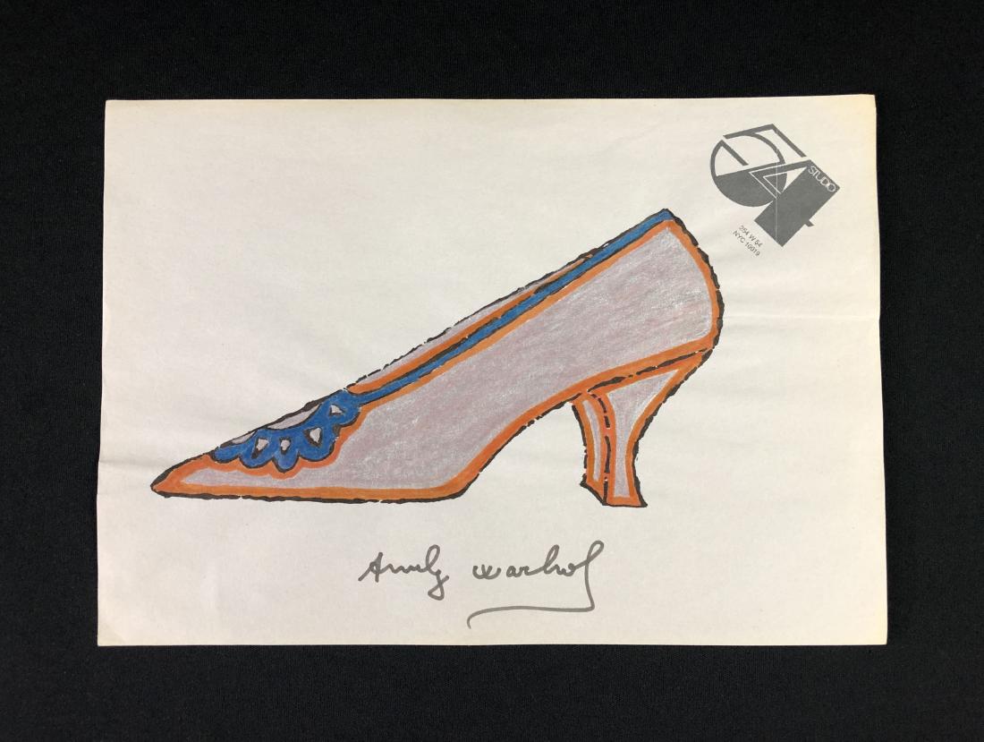 Andy Warhol (American, 1928-1987) -- Hand Drawn Mixed: This lot consists of a hand drawn mixed media illustration on paper, hand signed "Andy Warhol". Image depicts the side view of a gleaming silver ladies shoe with blue and orange accents. Done on lette