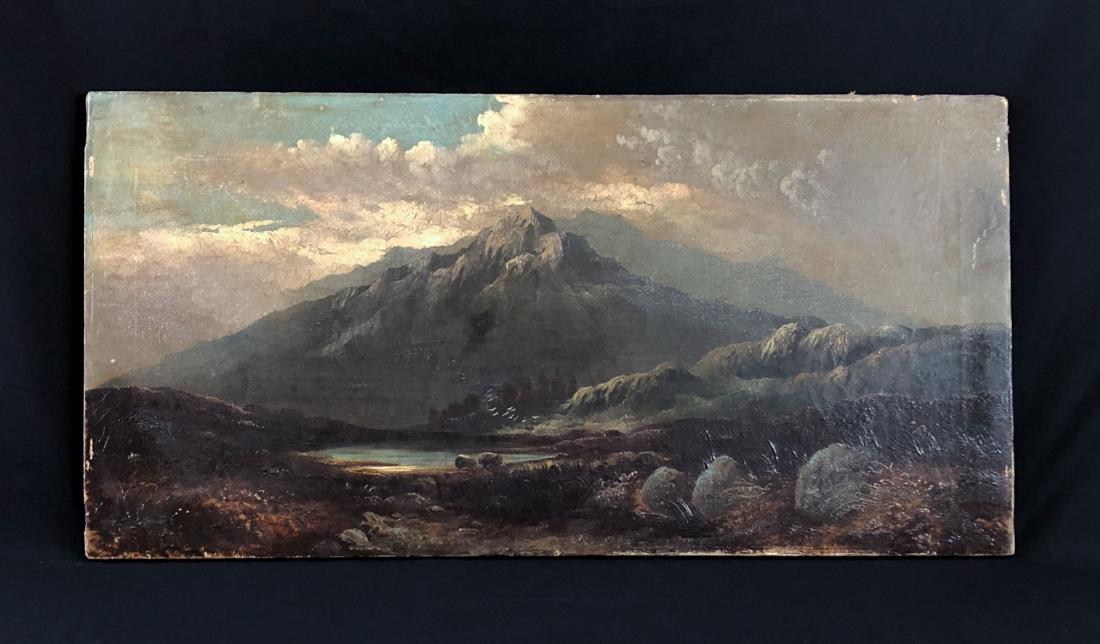 Charles Leslie (British, 1839-1886) -- Hand Painted Oil: This lot consists of an unframed oil painting on canvas. The name "Charles Leslie" is visible en verso, along with the date "1889". Image depicts a titanic mountain, ridges gleaming in the implied sun