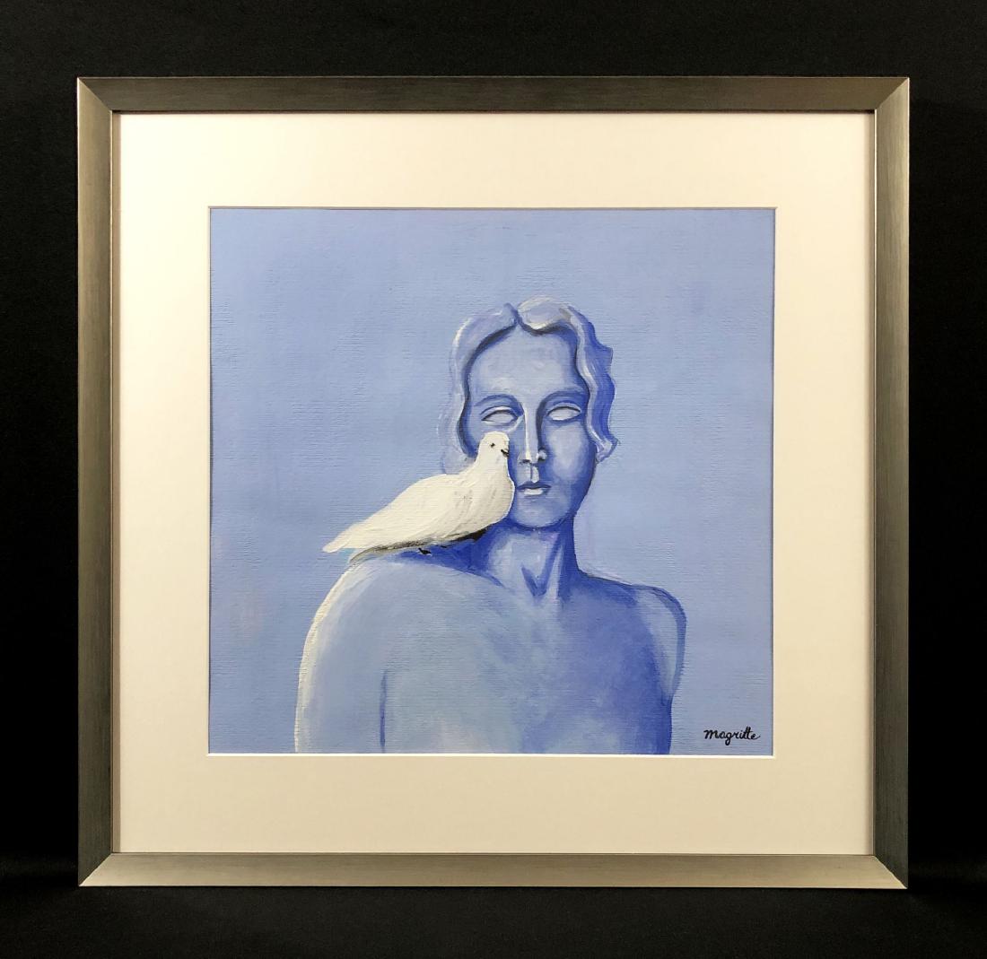 Rene Magritte (1898 - 1967) Painting w/ COA - style of: This lot consists of a hand-painted gouache work on cardboard, framed under glass, with "Magritte" hand written by the artist at lower right. This placid image depicts a woman with physical features s