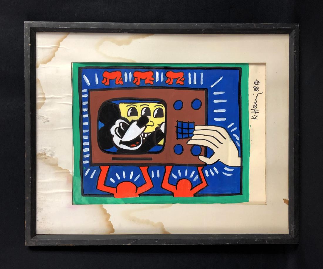 Keith Haring (1958 - 1990) - Hand Drawing - style of: This lot consists of a framed mixed media (gouache and ink) on paper, hand written and dated "K. Haring 88" by the artist with an accompanying crosshair symbol. The crosshair symbol often accompanies