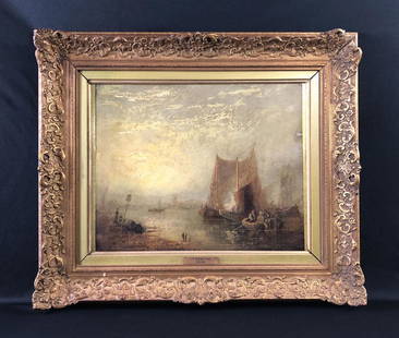 J.M.W. Turner (1775 - 1851) Old Oil Painting - style of: This lot consists of an antique oil painting on board framed in an antique ornate gilt frame (with chipping and loss to upper left corner). A gilt metal name plate is affixed to the bottom inside