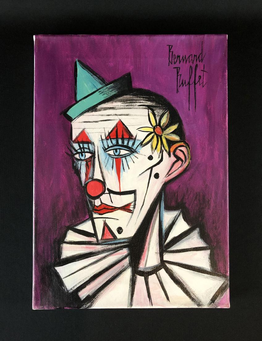 Bernard Buffet (1928 - 1999) Painting w/ COA - style of: This lot consists of a hand-rendered oil painting on canvas, with "Bernard Buffet" hand written by the artist in oil at upper right. Image depicts a clown with a serious expression, covered in makeup