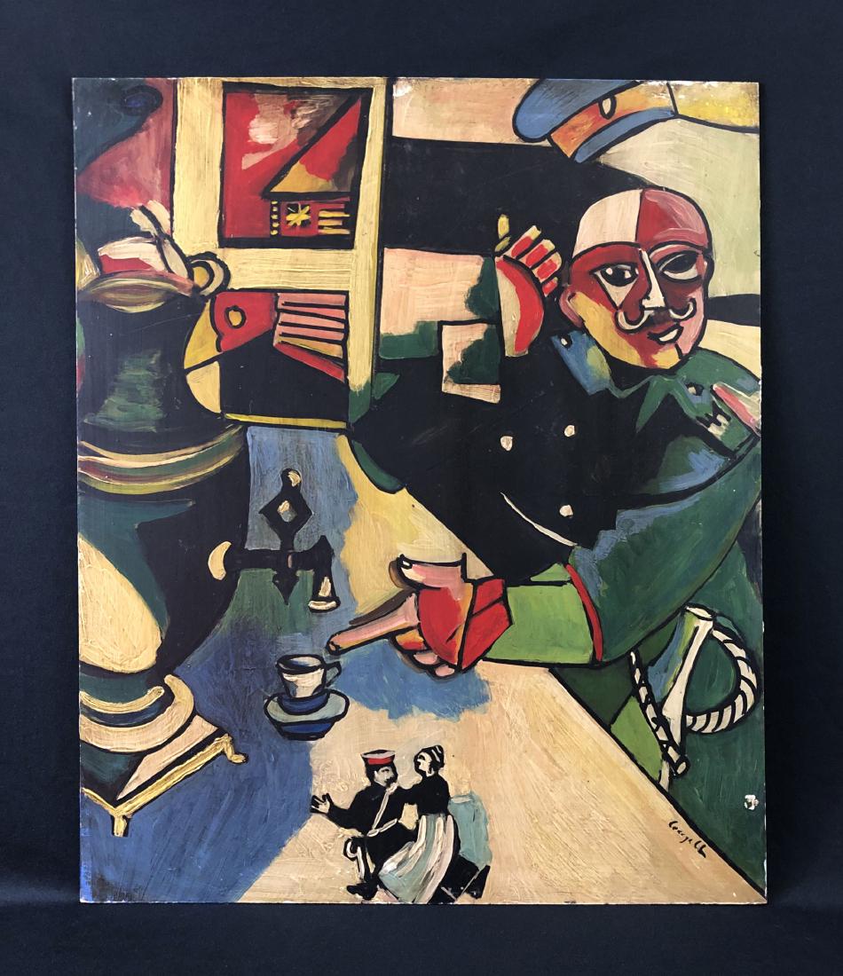 Marc Chagall (1887 - 1985) Oil Painting - style of: This lot consists of a hand-rendered oil painting on board, with"Chagall" hand written by the artist in oil at lower right. Image depicts a man in officer's uniform, gesturing toward a small espresso 