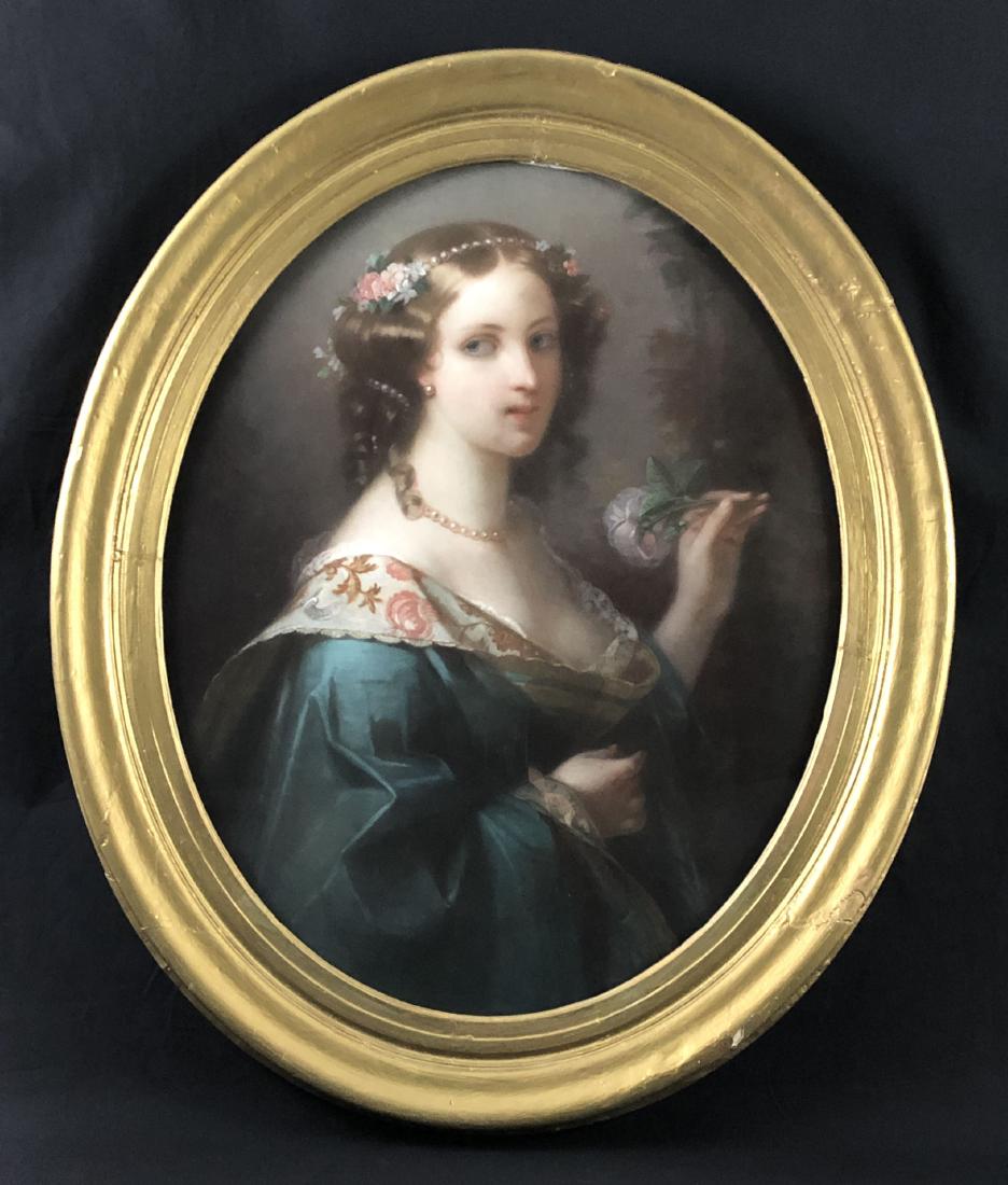 Rosalba Carriera (1675 - 1757) Old Painting - style of: This lot consists of a large hand painted pastel on paper. Painting is in a beautiful gilt oval frame. This half-length portrait of an aristocratic young lady is preserved under glass. The protective