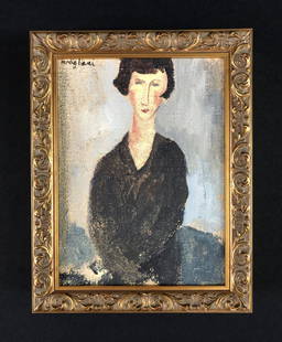 Amedeo Modigliani (1884-1920) Painting w/ COA- style of: This lot consists of a hand-painted oil on canvas, with "Modigliani" hand written by the artist at upper left. Image depicts an elegant woman with almond-shaped eyes and a cropped haircut. She wears