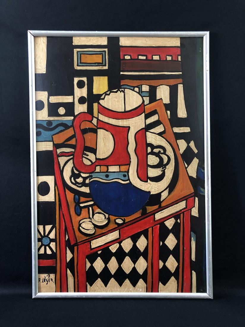 Fernand Leger (1881 - 1955) -- Oil Painting - style of: This lot consists of a hand-painted oil on board, with "F. Leger" hand written by the artist at lower left. This rich image depicts a warm kitchen scene. The table is set for a piping hot breakfast, c