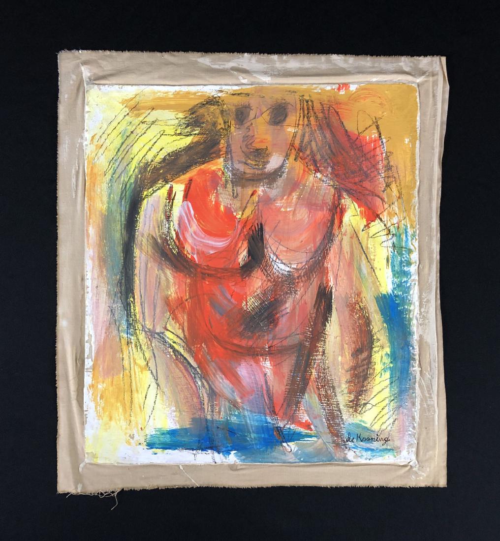 Willem de Kooning (1904-1997) Oil on Canvas - style of: This lot consists of a hand painted oil and graphite/colored pencil on unstretched canvas, with "de Kooning" hand written by the artist in the lower right. Image depicts an androgynous nude figure. Ma