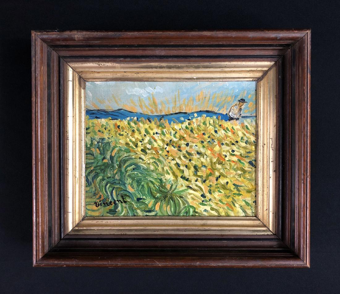 Vincent Van Gogh (1853 - 1890) Oil Painting - style of: This lot consists of a hand-painted oil on canvas, with "Vincent" hand written by the artist at bottom left corner. Image depicts a wheat field as rays of sun stretch up from the distant blue horizon.