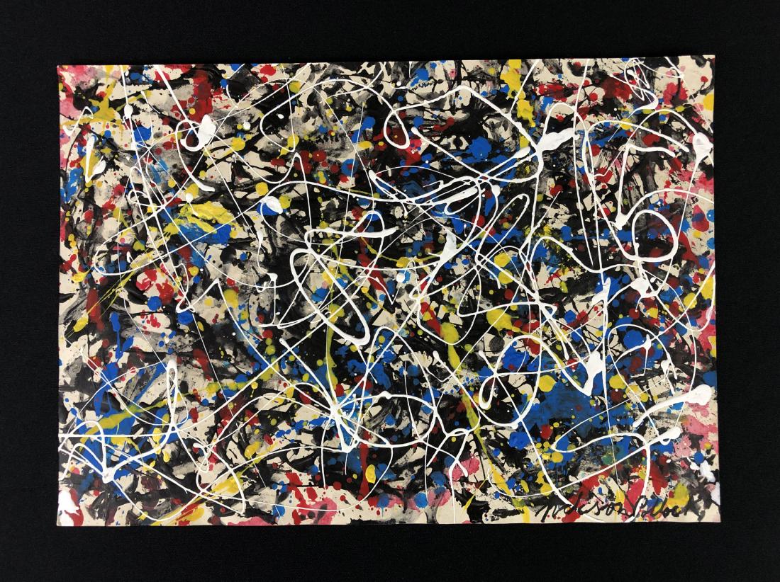 Jackson Pollock (1912-1956) Acrylic Painting - style of: This lot consists of a hand-painted acrylic work on paper, with "Jackson Pollock" hand written by the artist in lower right. Reverse side of piece also bears a stamp which reads, "Wakefield Gallery" a