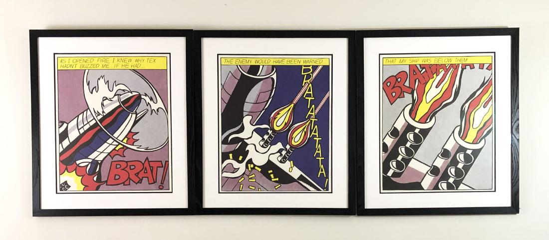 Roy Lichtenstein Framed Triptych - Offset Lithograph: This lot consists of a fine art, offset lithograph triptych, with "Roy Lichtenstein" hand written by the artist on far right panel. Each print has been executed on thick, woven paper by Drukkerij Luii