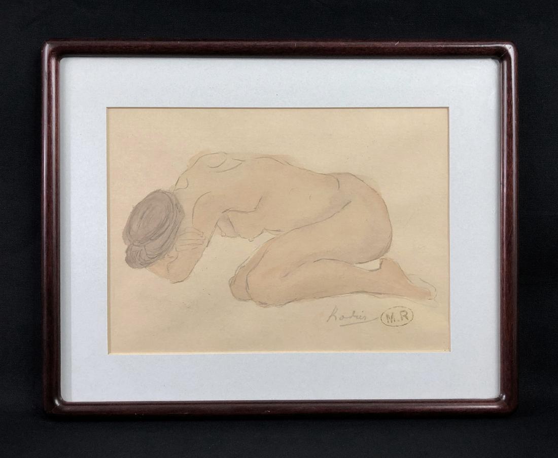 Auguste Rodin (1840-1917) Mixed Media Drawing/ style of: This lot consists of a hand drawn mixed media drawing (graphite and watercolor) on paper, framed under glass, with "Rodin" hand written by the artist at bottom right. Next to his signature is a stampe
