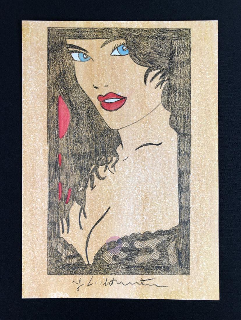 Roy Lichtenstein (1923-1997) -- Hand Drawing - style of: This lot consists of a mixed media on paper, with "Roy Lichtenstein" hand written by the artist at bottom. This suggestive image depicts a woman with black hair and full, crimson lips. Done in the vib