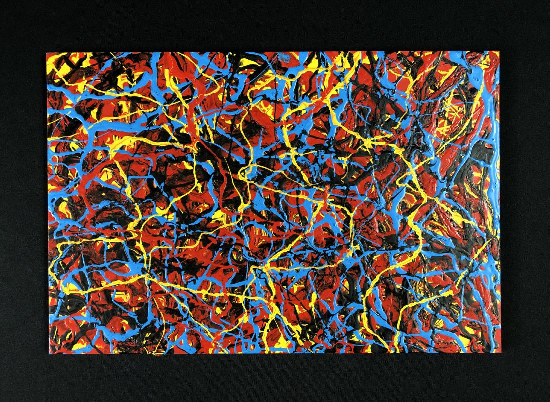 Jackson Pollock (1912-1956) Acrylic Painting - style of: This lot consists of a hand-painted acrylic painting on board, with "J. Pollock" hand written by the artist en verso. This is a dynamic, primary-colored drip painting that positively churns with color