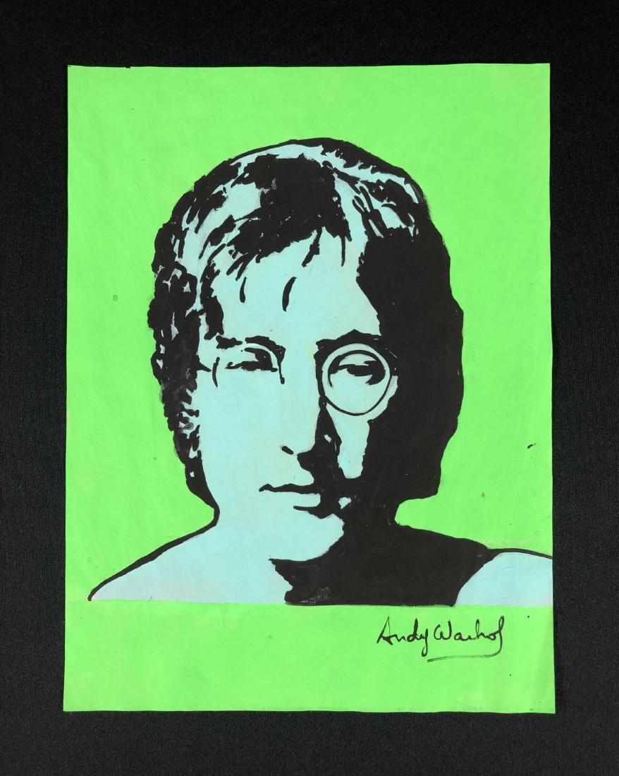 Andy Warho (1928-1987) John Lennon Drawing - style of: This lot consists of a lovely gouache illustration on paper, hand-painted and hand inscribed "Andy Warhol" at lower right. This Pop Art image depicts a stark, black-and-white view of famed former-Beat