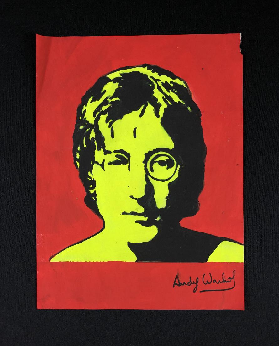 Andy Warhol (1928-1987) John Lennon Drawing - style of: This lot consists of a lovely gouache illustration on paper, hand-painted and hand inscribed "Andy Warhol" at lower right. This Pop Art image depicts a stark, black-and-white view of famed former-Beat