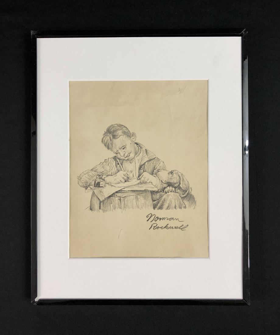 Norman Rockwell (1894-1978) Graphite Drawing - style of: This lot consists of a hand-drawn graphite illustration on paper, with "Norman Rockwell" hand written by the artist in graphite at bottom right. Image depicts a young boy hard at work writing. His loy