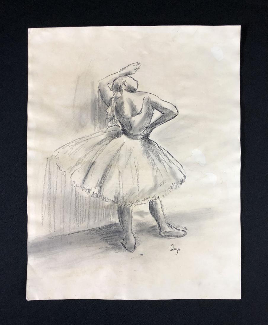 Edgar Degas (1834-1917) Mixed Media Drawing - style of: This lot consists of a hand-drawn mixed media (graphite and charcoal) illustration on paper, with "Degas" hand written by the artist in graphite at bottom right. Image depicts a ballet dancer pausing 