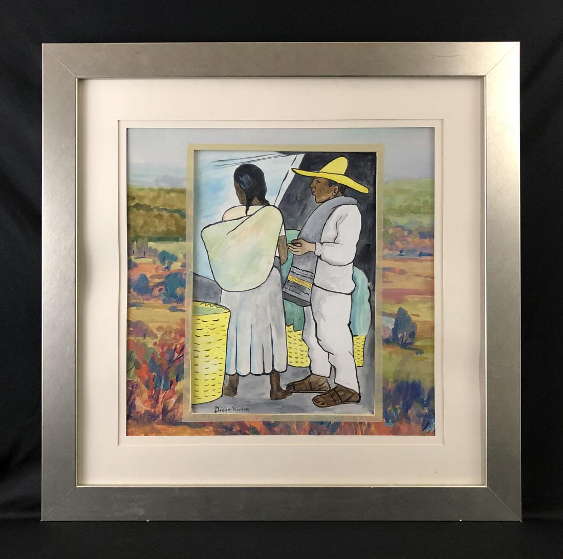 Diego Rivera (1886-1957) Watercolor Drawing - style of: This lot consists of a hand executed watercolor and ink drawing on paper, with "Diego Rivera" hand written by the artist at bottom left. Image depicts a Mexican woman and man. Both wearing traditional