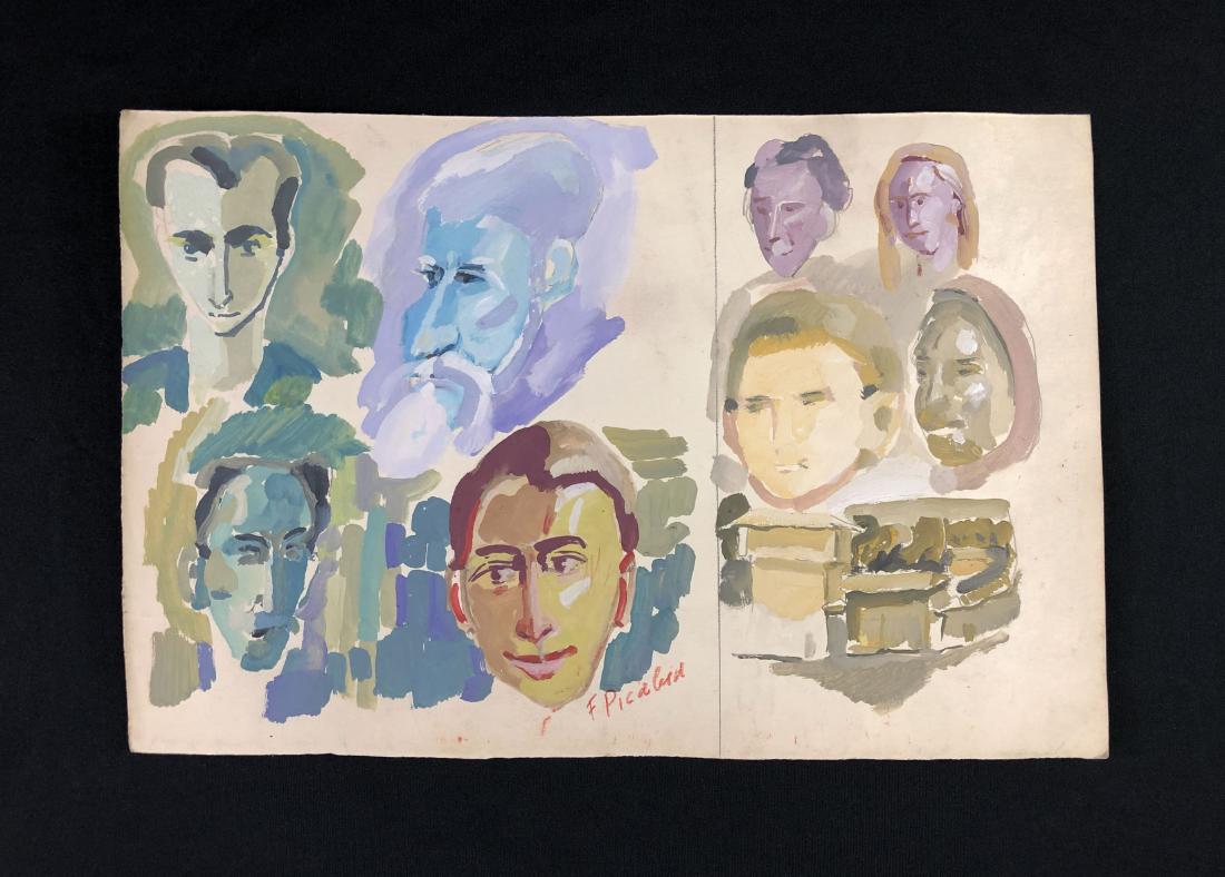 Francis Picabia (1879-1953) - Hand Drawing - style of: This lot consists of a hand-painted mixed media (gouache and graphite) on heavy paper, with "F. Picabia" hand written by the artist in red colored pencil at bottom center. Image depicts several studie