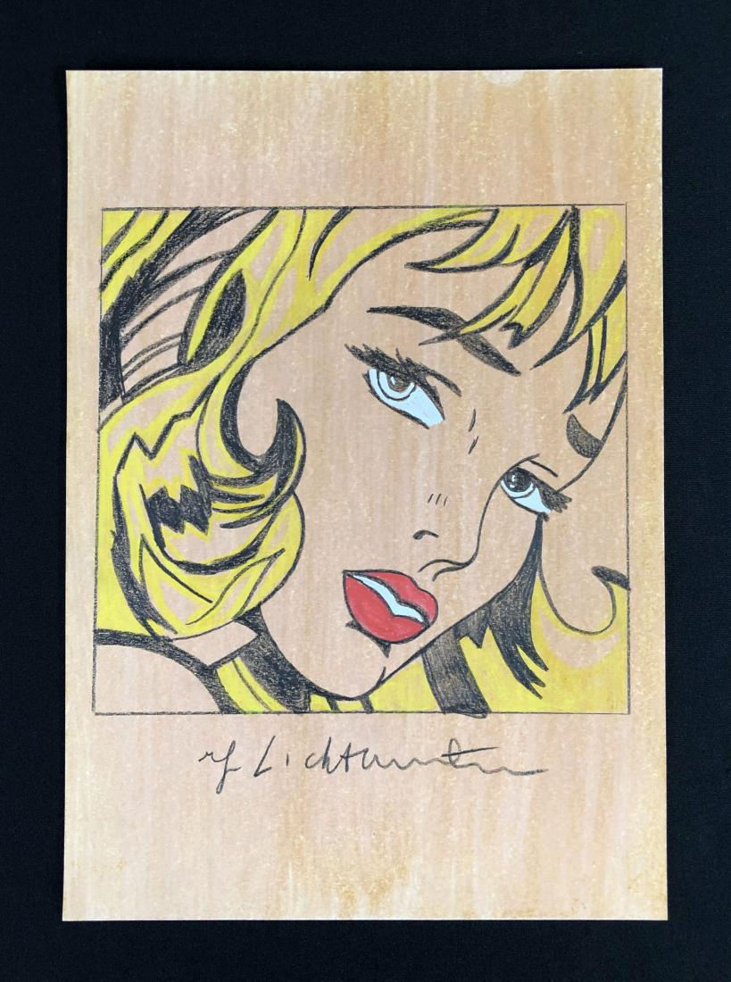 Roy Lichtenstein (1923-1997) - Hand Drawing - style of: This lot consists of a mixed media drawing (colored pencil and gouache) on paper, with "Roy Lichtenstein" hand written by the artist at bottom. Image depicts a blonde woman with full, crimson lips, a