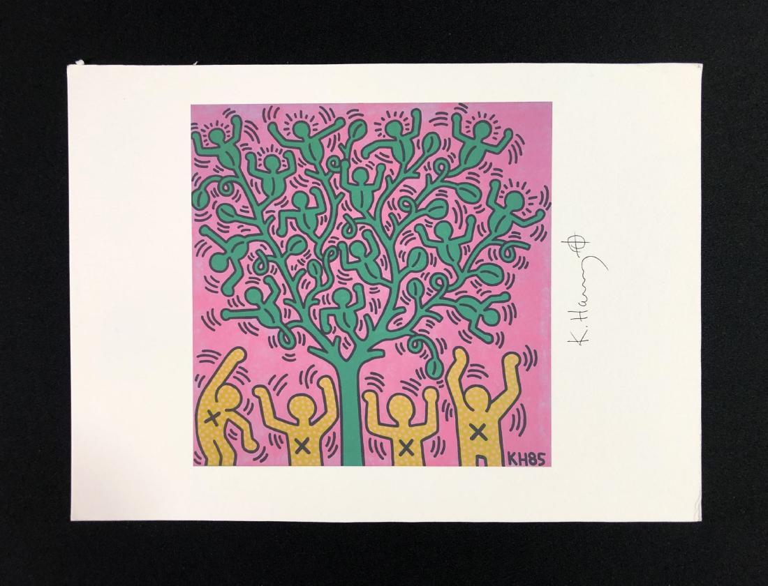 Keith Haring (1958-1990) Hand Inscribed Fine Art Print: This lot consists of a fine art print on paper, with "K. Haring" hand written vertically at right. Next to the signature is a circle with a small crosshair symbol. Additionally this piece is signed an