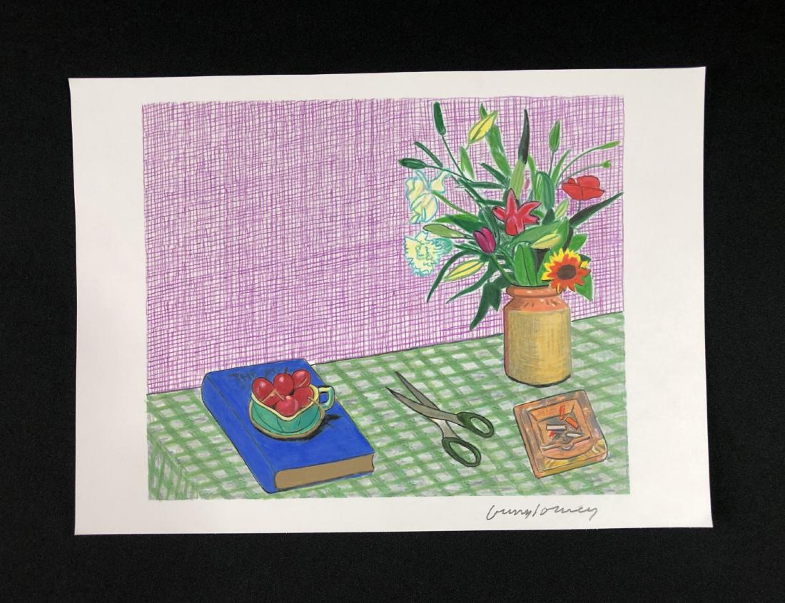 David Hockney (1937- ) - Mixed Media Drawing - style of: This lot consists of a lovely mixed media illustration (ink and colored pencil), with "David Hockney" hand written by the artist at bottom right. Image depicts an interior tablescape, where a pair of