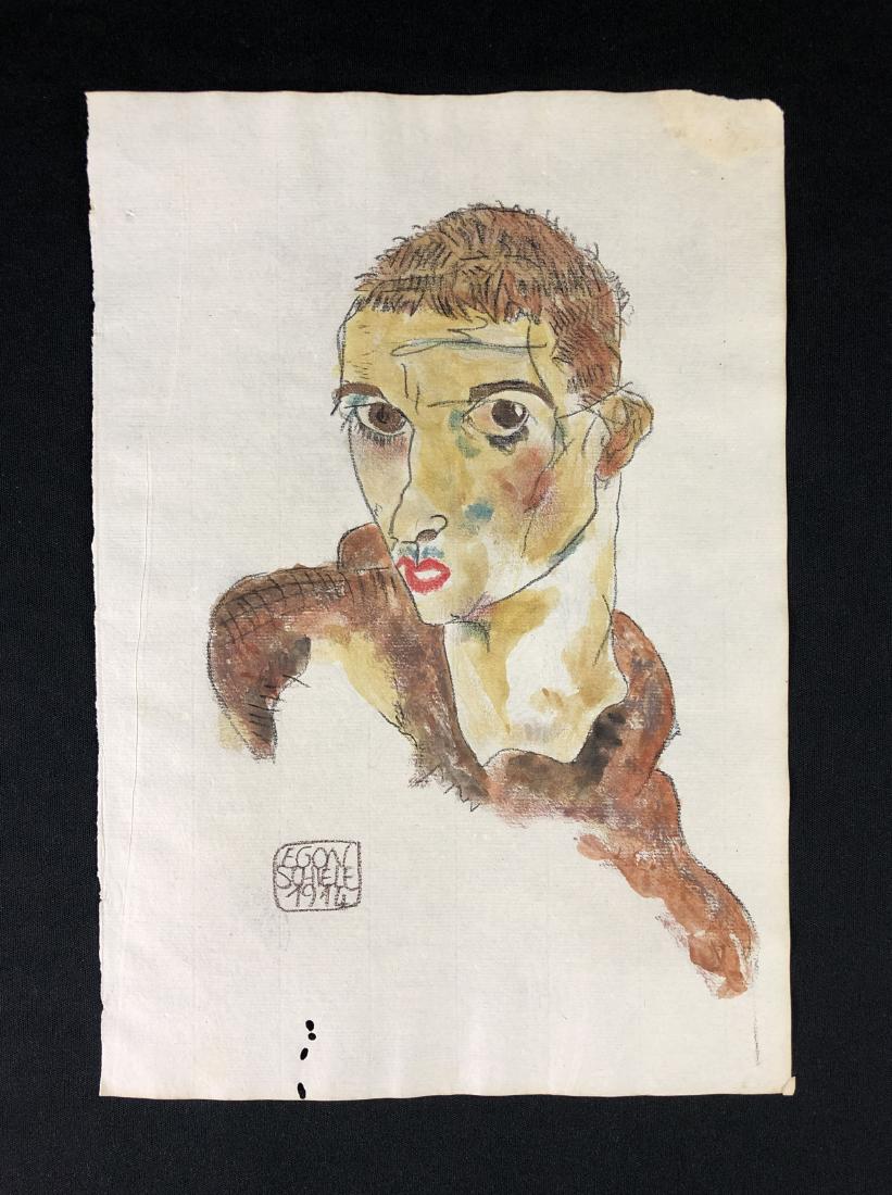 Egon Schiele (1890-1918) Mixed Media Drawing - style of: This lot consists of a hand drawn mixed media (colored pencil and watercolor) on laid paper, with "Egon Schiele" hand written at bottom left. Within the signature is the date "1914", both the signatur