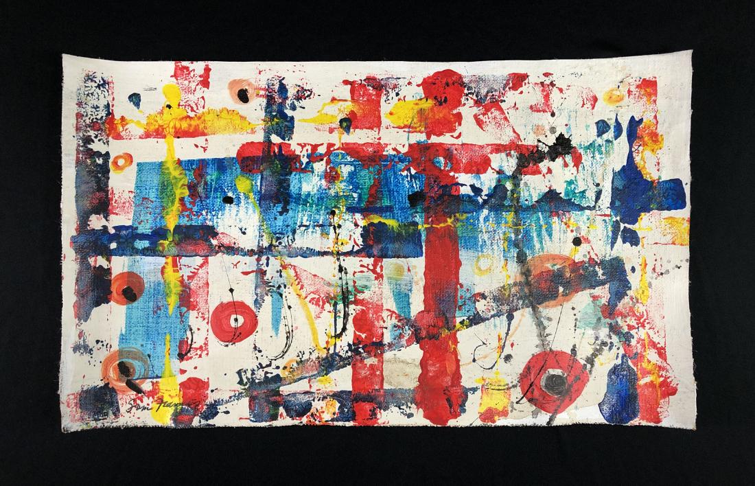 Sam Francis (1923-1994) - Acrylic Painting - style of: This lot consists of a hand-painted acrylic painting on unstretched burlap canvas with a gesso wash, with "Sam Francis" hand written by the artist at lower left. This splashy, eye-catching piece conta