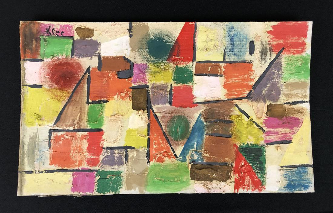 Paul Klee (1879-1940) -- Oil Painting - style of: This lot consists of an hand-painted oil on canvas board, with "Klee" hand written by the artist at upper left. Image depicts a patchwork of brightly-colored shapes, a busy convergence that instills a