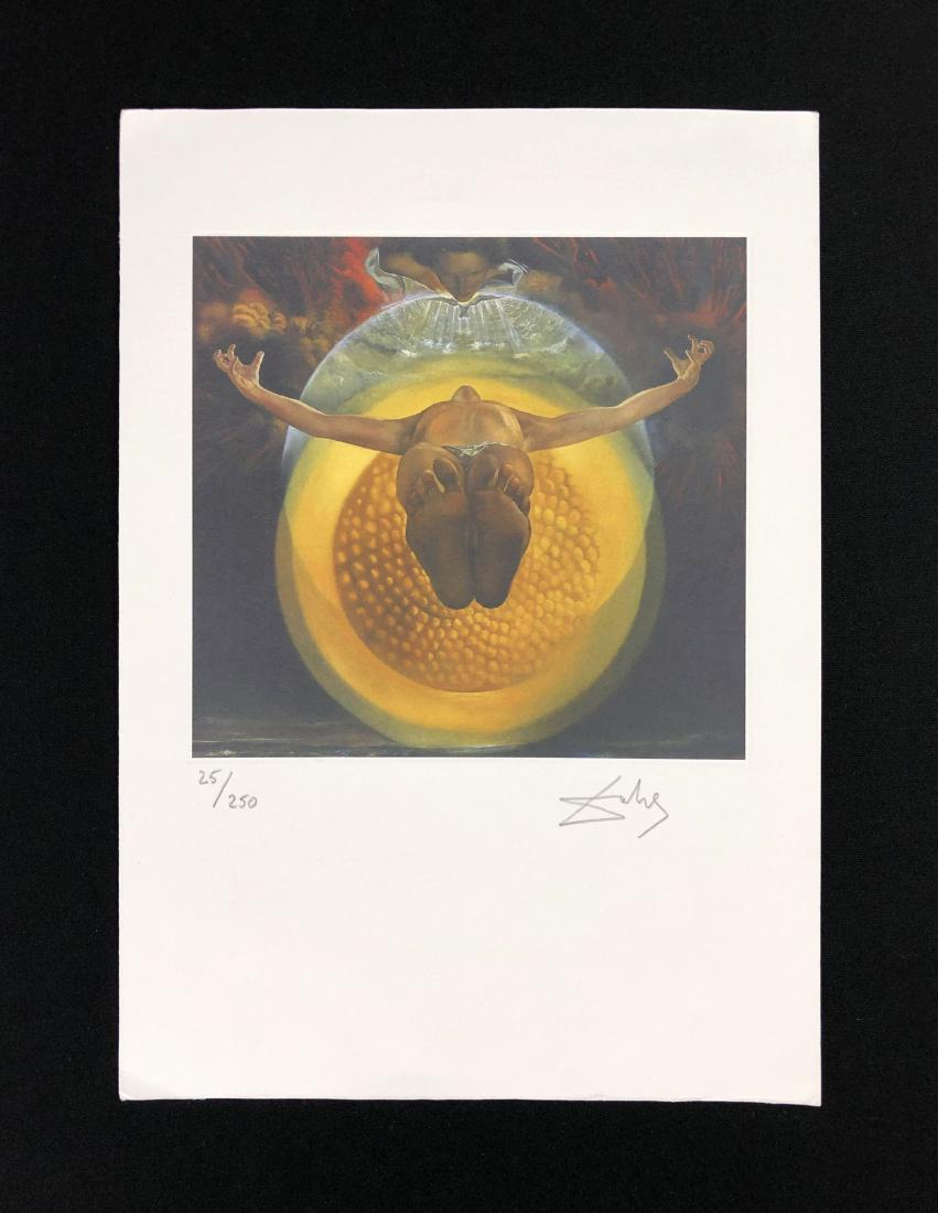 Salvador Dali (1904-1989) Hand Inscribed Fine Art Print: This lot consists of a fine art print on paper, with "Dali" hand written in graphite at bottom right. To the right of the signature it's hand-numbered "25/250". Image depicts a man laying on his back,