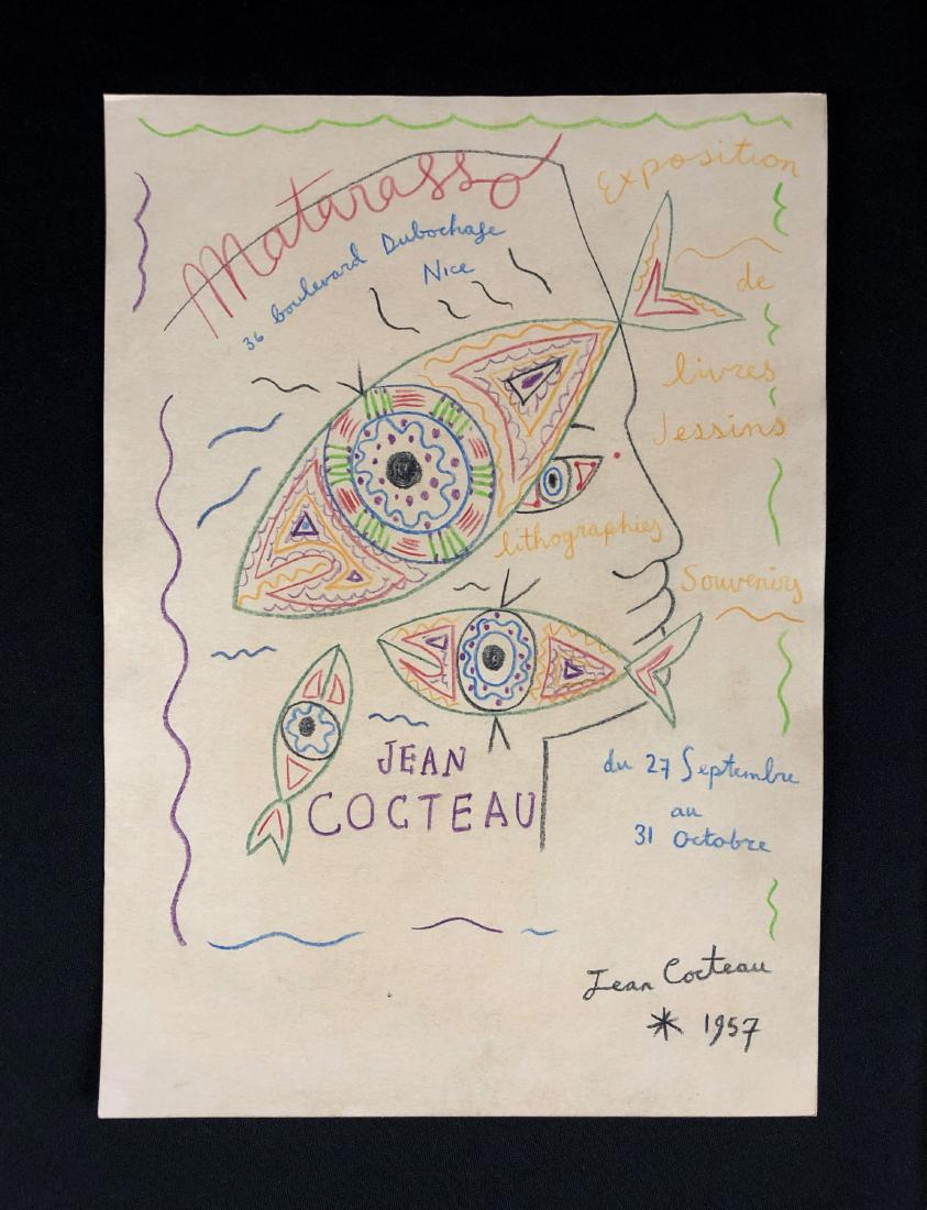Jean Cocteau ((1889-1963) -- Colored Drawing - style of: This lot consists of a hand-drawn colored pencil illustration on paper, with "Jean Cocteau" hand written in black colored pencil at right. Below the signature is the date "1957" along with a "*" also