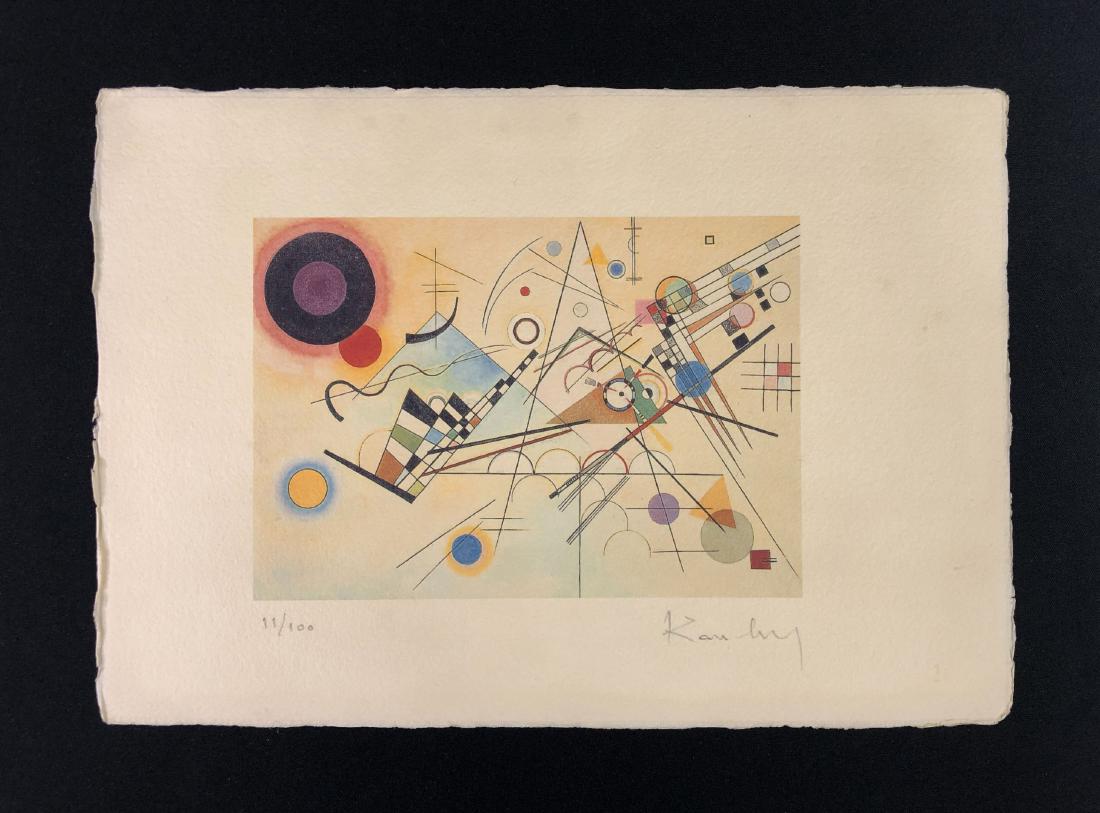 Wassily Kandinsky (1866-1944) -- Hand Inscribed Print: This lot consists of a fine art print on paper, with "Kandinsky" hand written in graphite at right. To the left of the signature it's hand-numbered "11/100" also in graphite. Image depicts an attracti