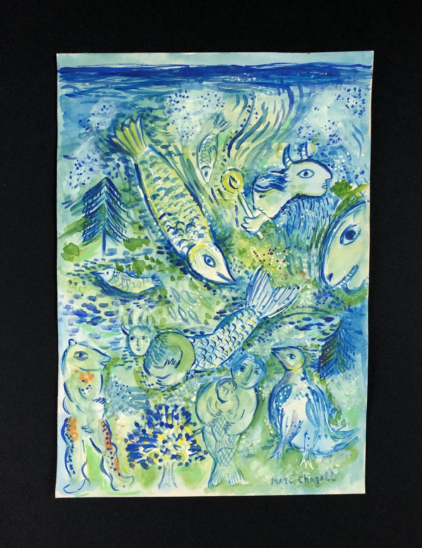Marc Chagall (1887-1985) Watercolor Painting - style of: This lot consists of a hand-painted watercolor on paper, with "Marc Chagall" hand written by the artist at bottom right. Image depicts an array of marine characters, all rendered in shades of green an