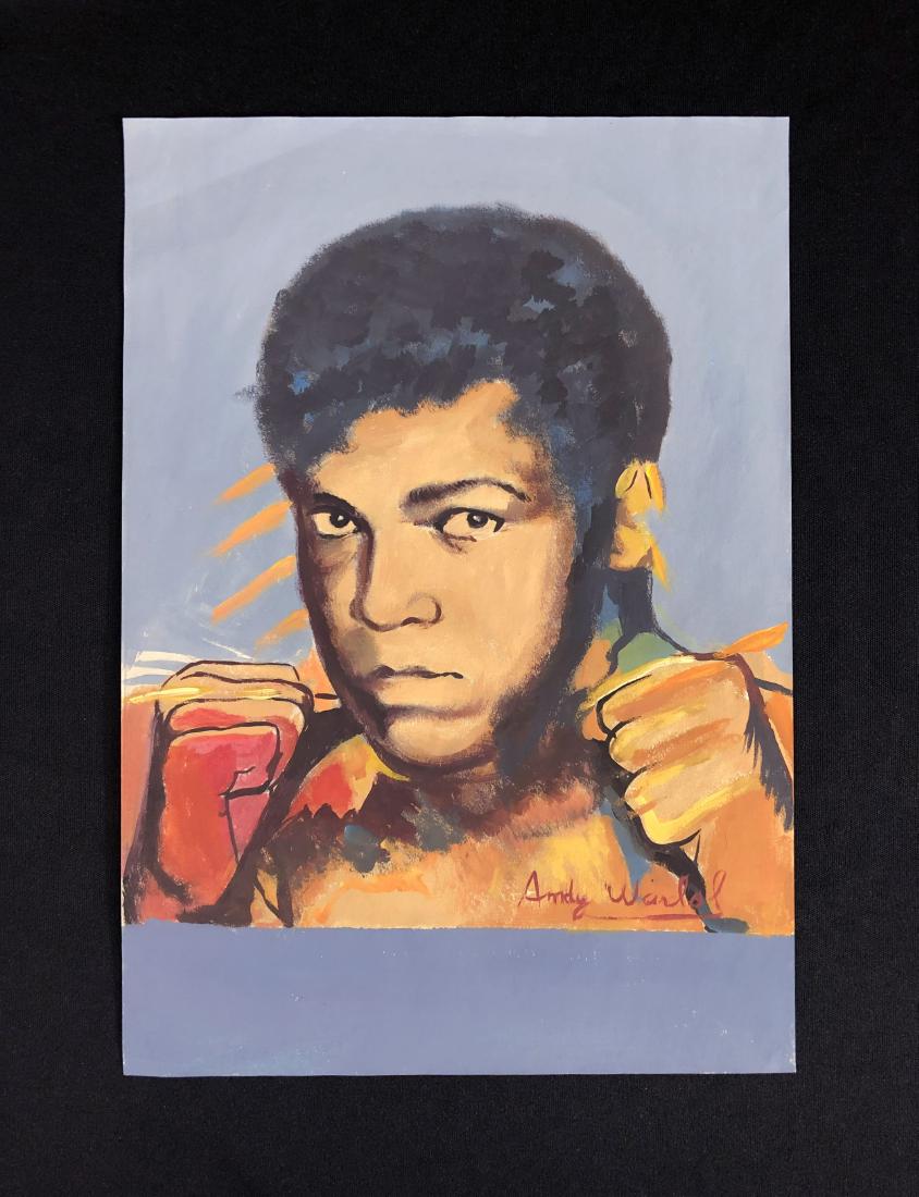 Andy Warhol (1923-1987) Muhammad Ali Drawing - style of: This lot consists of a lovely gouache illustration on paper, hand-painted with "Andy Warhol" hand written at lower right. This Pop Art image depicts a stark, black-and-white view of the late athlete a
