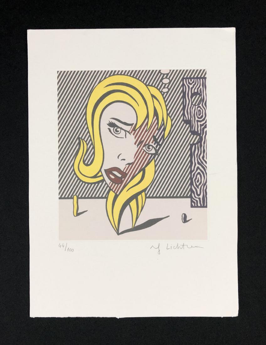 Roy Lichtenstein (1923-1997) Hand Inscribed Fine Print: This lot consists of a fine art print on paper, with "Roy Lichtenstein" hand written in graphite at lower right. To the left of the signature it's hand-numbered "44/100" also in graphite. This dream-l