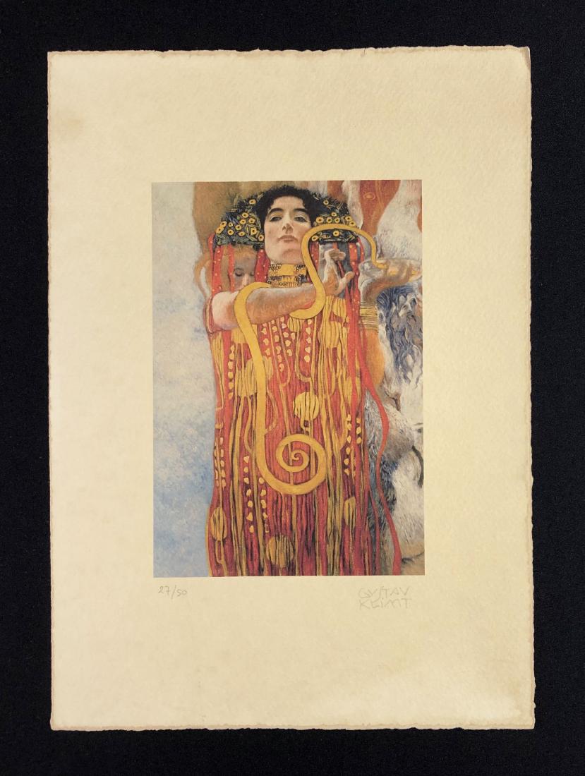Gustav Klimt (1862-1918) Hand Inscribed Fine Art Print: This lot consists of a fine art print on paper, with "Gustav Klimt" hand written in graphite at bottom of composition. Image depicts the head-on view of a mysterious woman with jet black hair and luci