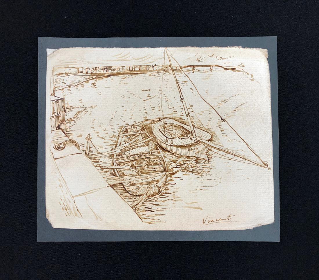 Vincent van Gogh (1853-1890) Ink Hand Drawing -style of: This lot consists of a hand drawn ink illustration on paper, with "Vincent" hand written in ink by the artist in the lower right corner. Image depicts a version, or study of the 1888 painting, "Landin