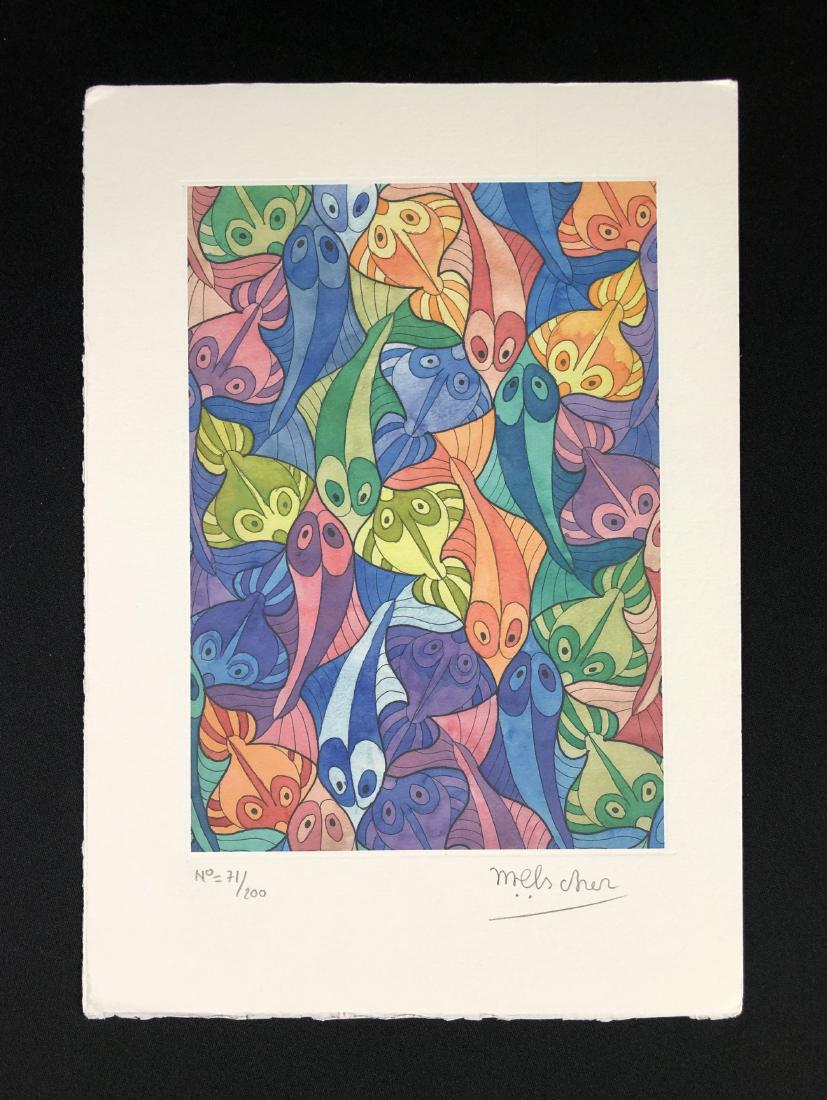 M.C. Escher (1898-1972) - Hand Inscribed Fine Art Print: This lot consists of a fine art print on paper, with "M.C. Escher" handwritten in graphite at bottom right. To the left of the signature it's hand numbered "71/200" also in graphite. Image depicts a b