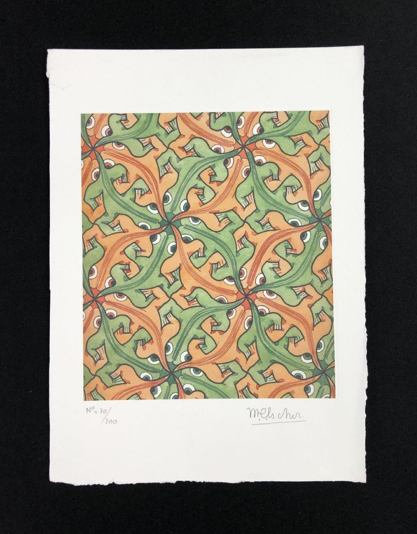 M.C. Escher (1898-1972) - Hand Inscribed Fine Art Print: This lot consists of a fine art print on paper, with "M.C. Escher" handwritten in graphite at bottom right. To the left of the signature it's hand numbered "70/200" also in graphite. Image depicts a b